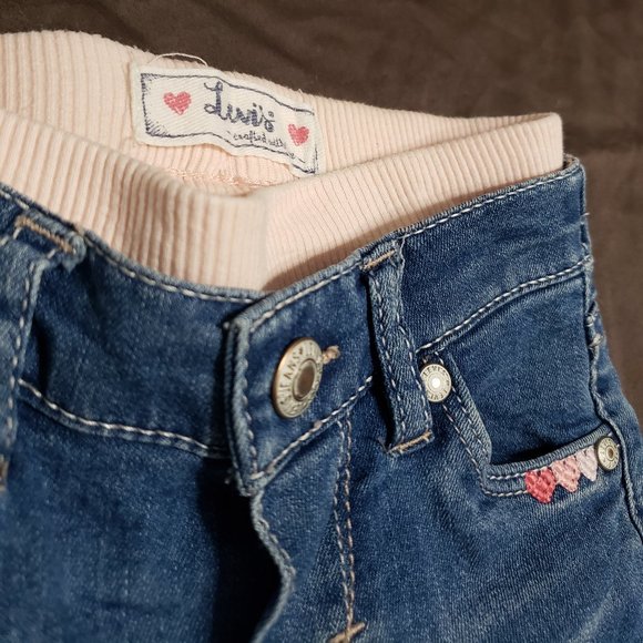 Levi Jeans 12 Month Size Dark Blue Demin Pink Waist Band Embroidered Hearts - Picture 4 of 6